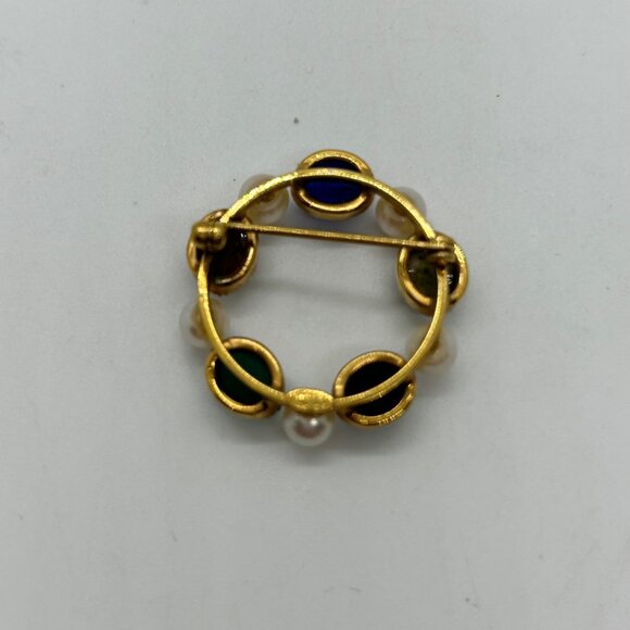 Vtg Wells Brooch Egyptian Revival Scarab Stone14k Gold-Filled Faux Pearl Wreath - Picture 9 of 14